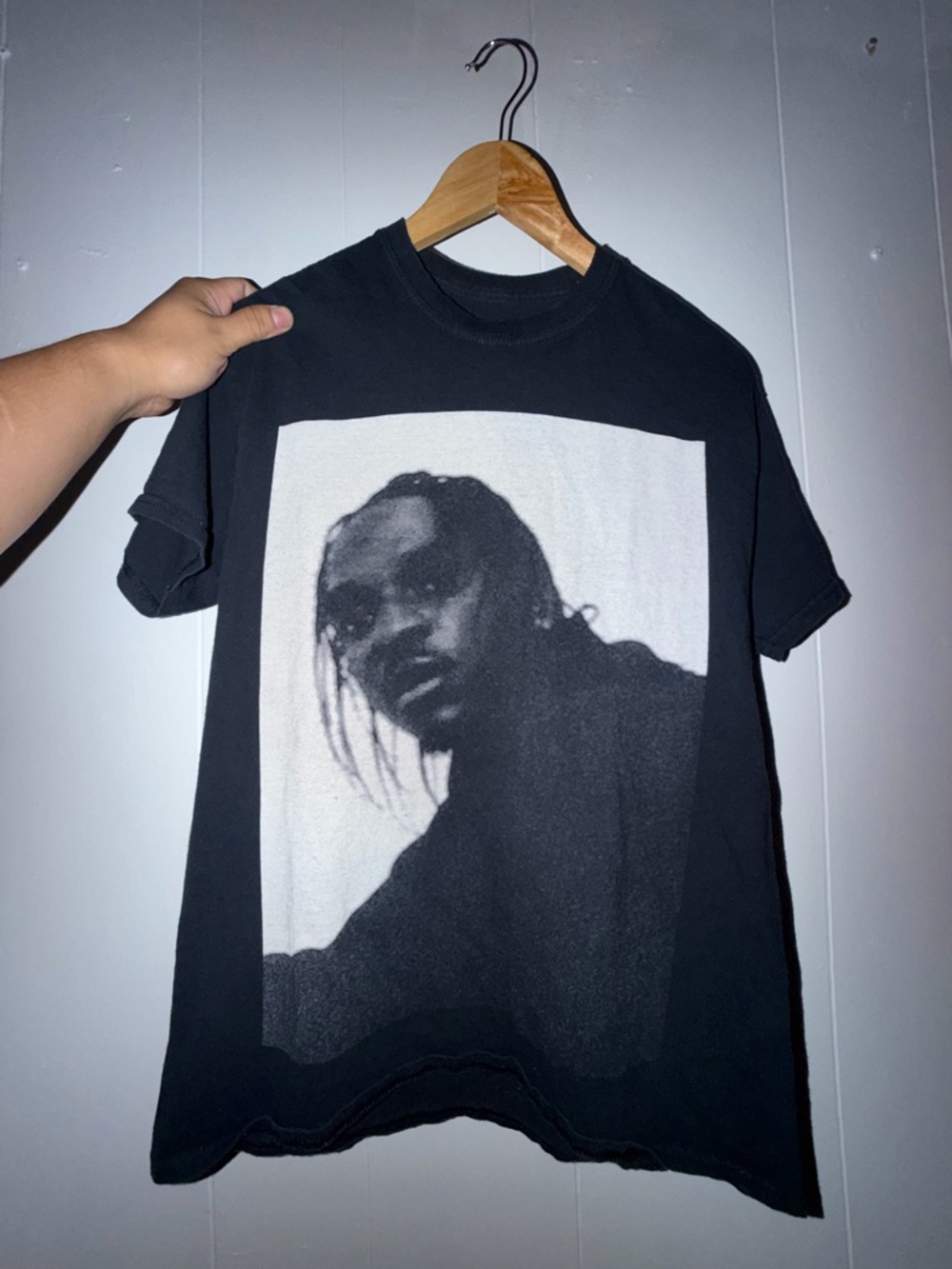 Black Graphic Crewneck T-Shirt with Monochrome Portrait